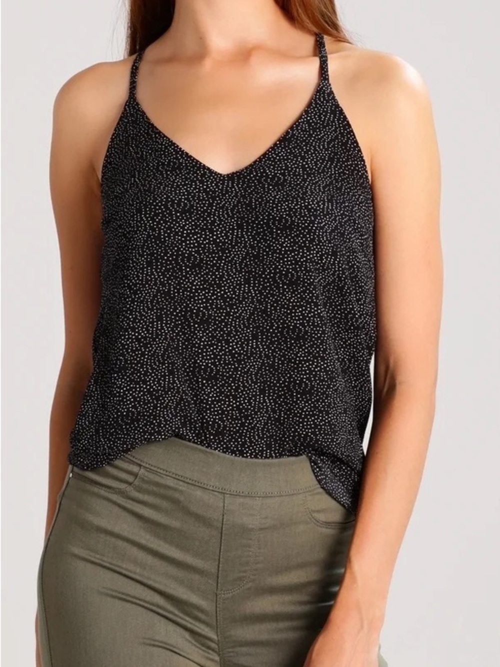 Black White Micro Polka Dot Racerback Cami Tank V-Neck Flowy‎ Boho 90s Medium
